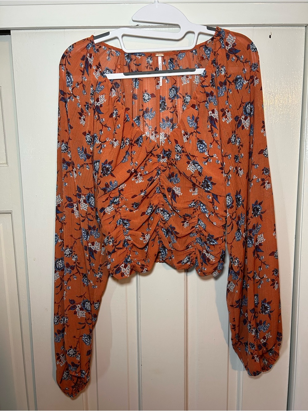 Free People Rust Floral Ruched Long-Sleeve Crop Top